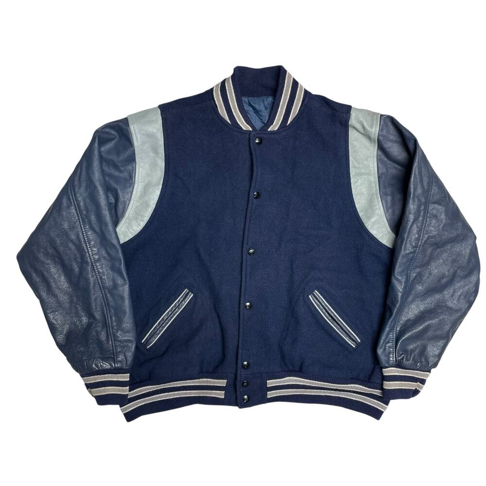VINTAGE TM ATHLETICS Wool Leather Letterman Varsity Jacket Navy/Gray Size 58/3XL